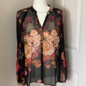 Worthington Sheer Black Polyester Floral Button Blouse with Long Pleated Sleeves